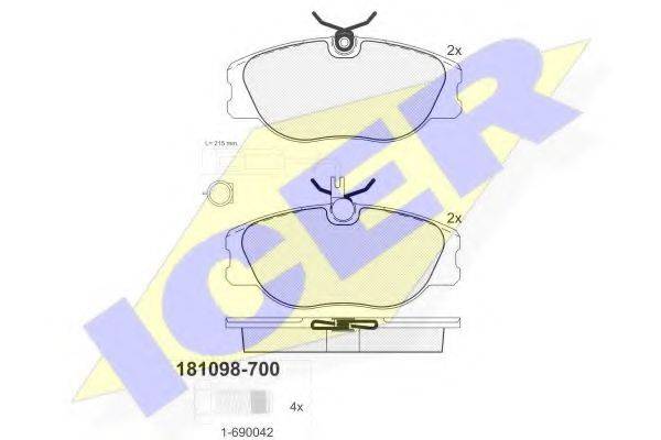 Комплект гальмівних колодок, дискове гальмо ICER 181098-700