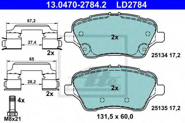Комплект тормозных колодок, дисковый тормоз ATE 13.0470-2784.2