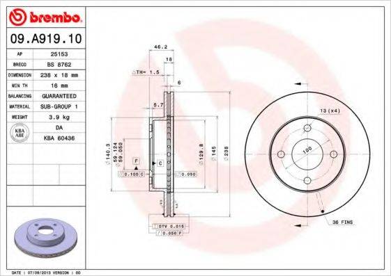 Тормозной диск BREMBO 09.A919.10
