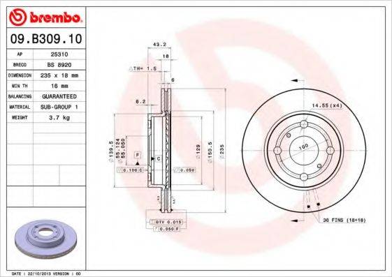 гальмівний диск BREMBO 09.B309.10